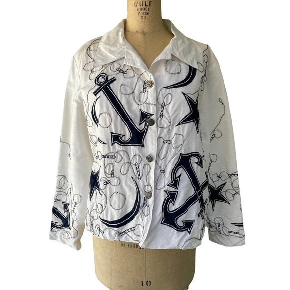 White Nautical Anchor Embroidered Button Front Long Sleeve Shirt SIZE XL - Picture 1 of 7